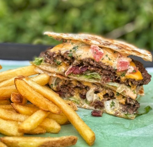 burger quesadilla and fries